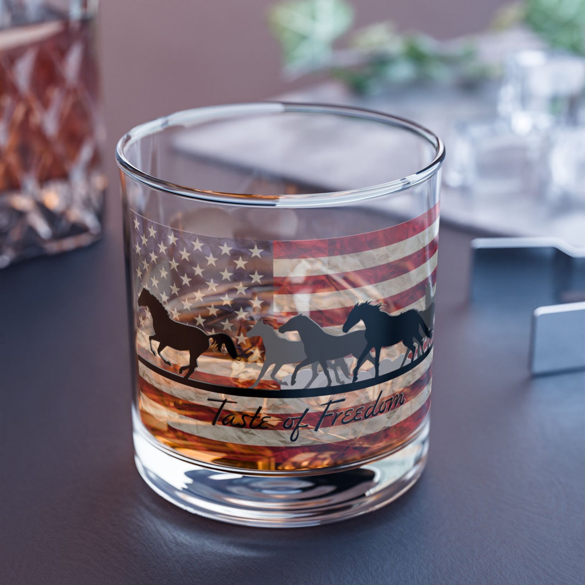 Patriotic Rocks Glass, American Flag Decor, Gift for Horse Lovers, Freedom Themed Drinkware, Country Style Home Bar
